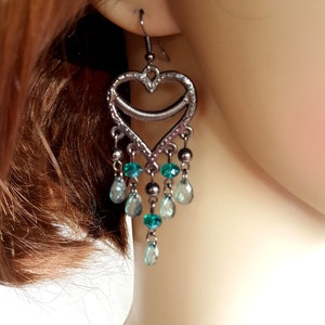 Bohemian Chandelier Earrings, Green Heart Chandelier Earrings, Gunmetal Boho Dangle Earrings, Czech Dangle Boho Earrings, Bohemian Chic