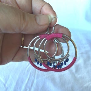 Unique dangle earrings, Hoop Thread Circle Pendant Dangle Earrings, Thread pendant earrings pink, OOAK, Artisan Earrings, For Her