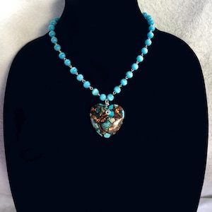 Sea Sediment Jasper & Gold Copper Bornite Heart Necklace, Blue Cats Eye Necklace, Cat&#39;s Eye and Jasper Necklace, Gold Copper Bornite Heart