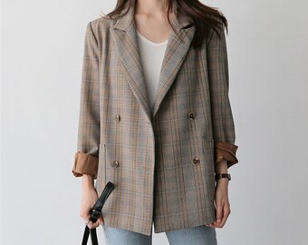 80s clothing women/'s blazer Vintage plaid blazer oversized blazer medium size blue blazer 80s blazer wool blazer