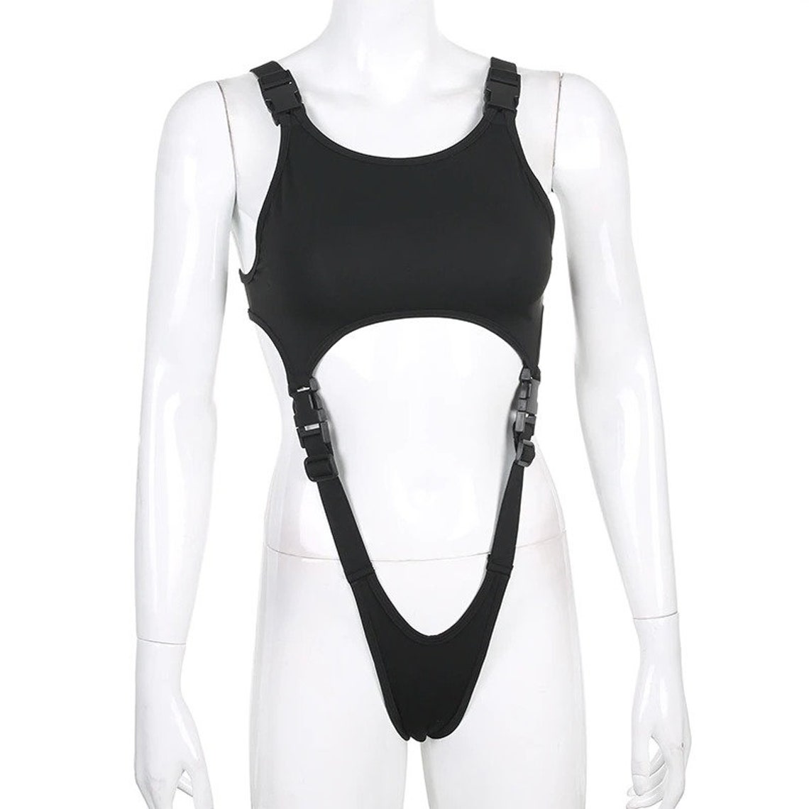 Y2K Cut Out Strap Bodysuit With Buckle Off Shoulder Sleeveless Etsy