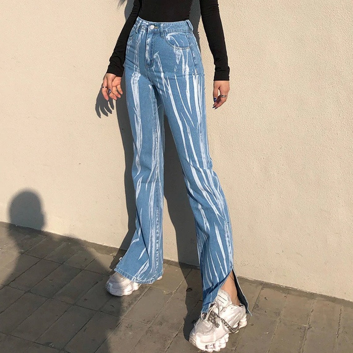 Y2K Aesthetic Graffiti Striped High Waist Denim Pants 90s | Etsy