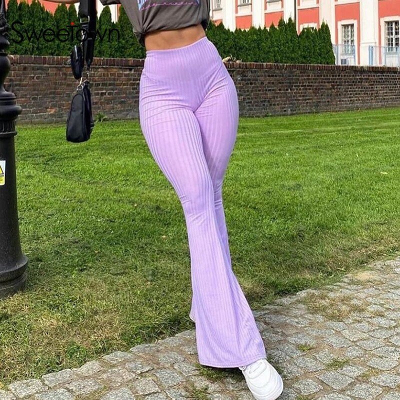 pink ribbed flare pants