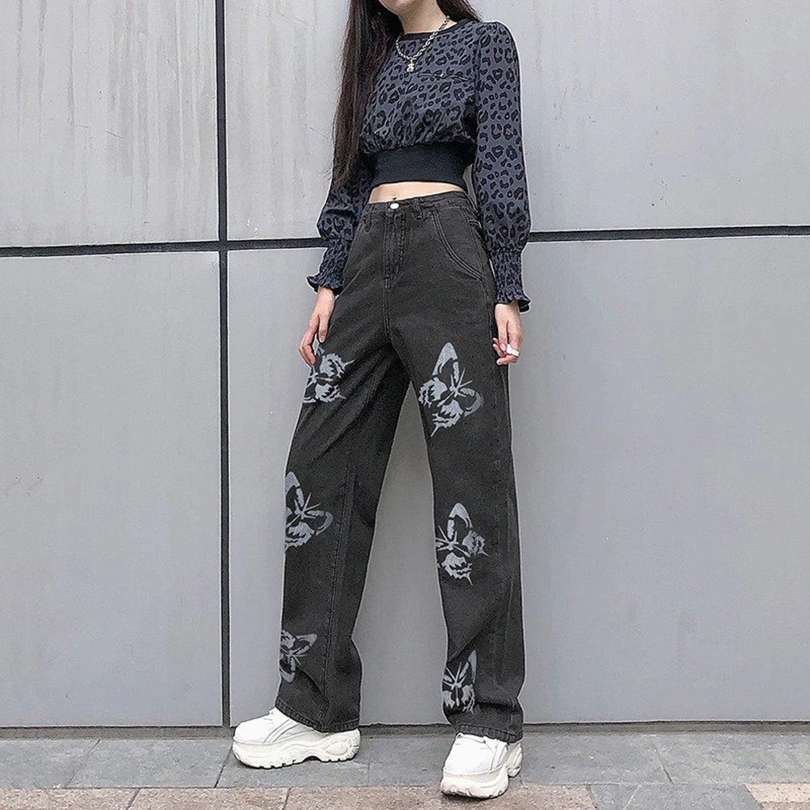 Y2K Aesthetic Butterfly Pattern Baggy Denim Pants Women Korean Etsy