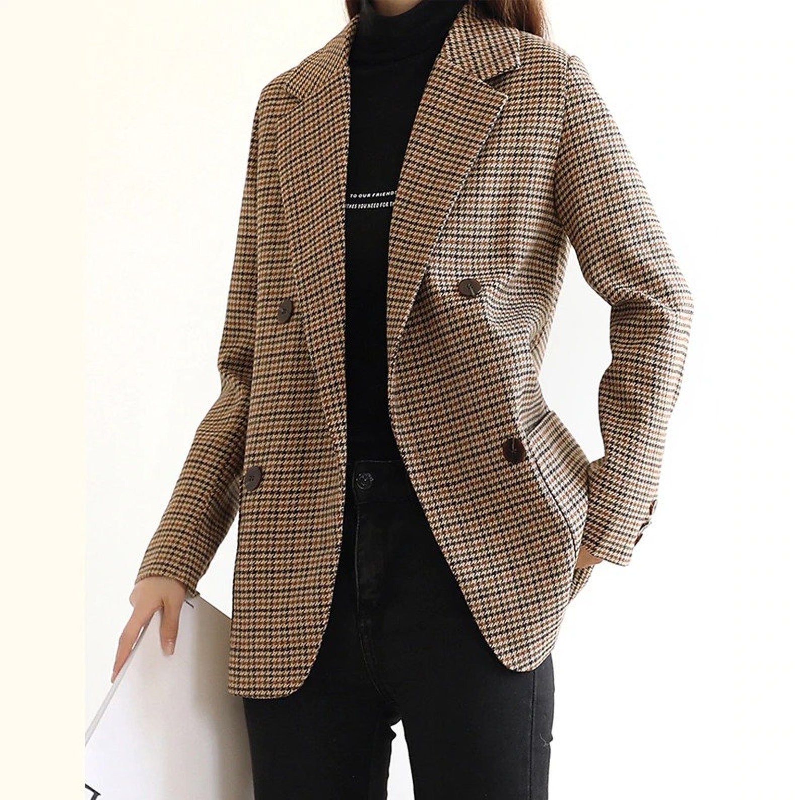 Vintage Houndstooth Women Blazer Sashes Doublebreasted Plaid Etsy
