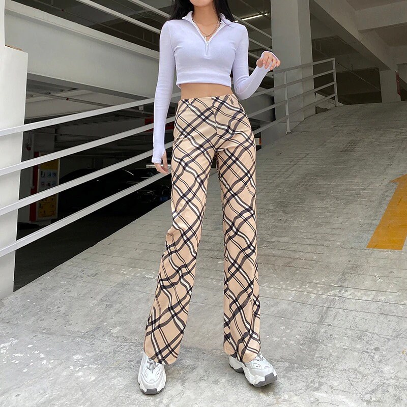 Y2K Checkered Print Straight Long Trousers Ladies Fashion High | Etsy