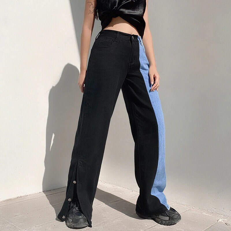 Y2K Aesthetic Blue and Black Patchwork Pants 2000s Streetwear | Etsy