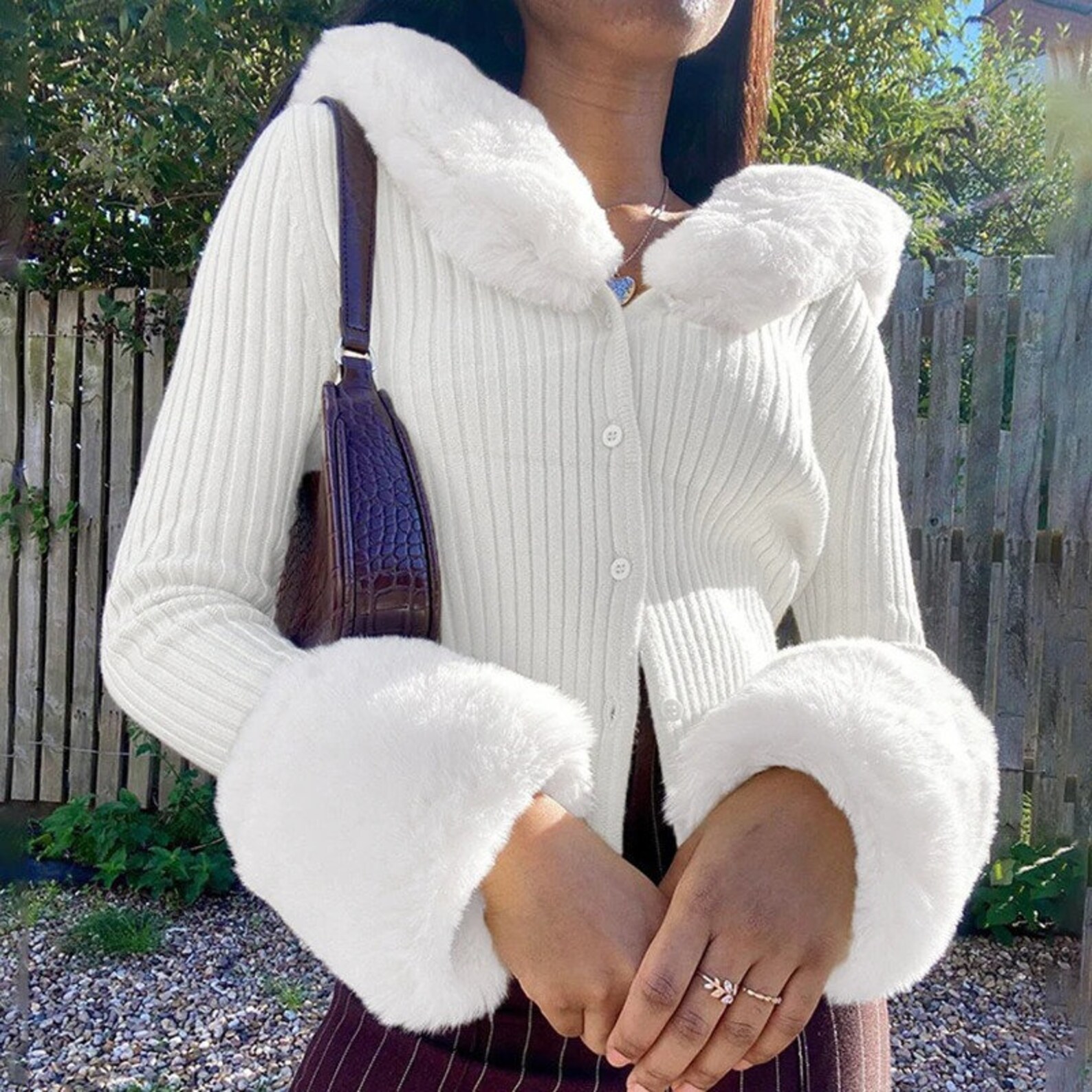 Y2K Fur Trim Fluffy Soft Cardigans Elegant V Neck Sweaters Y2K Etsy