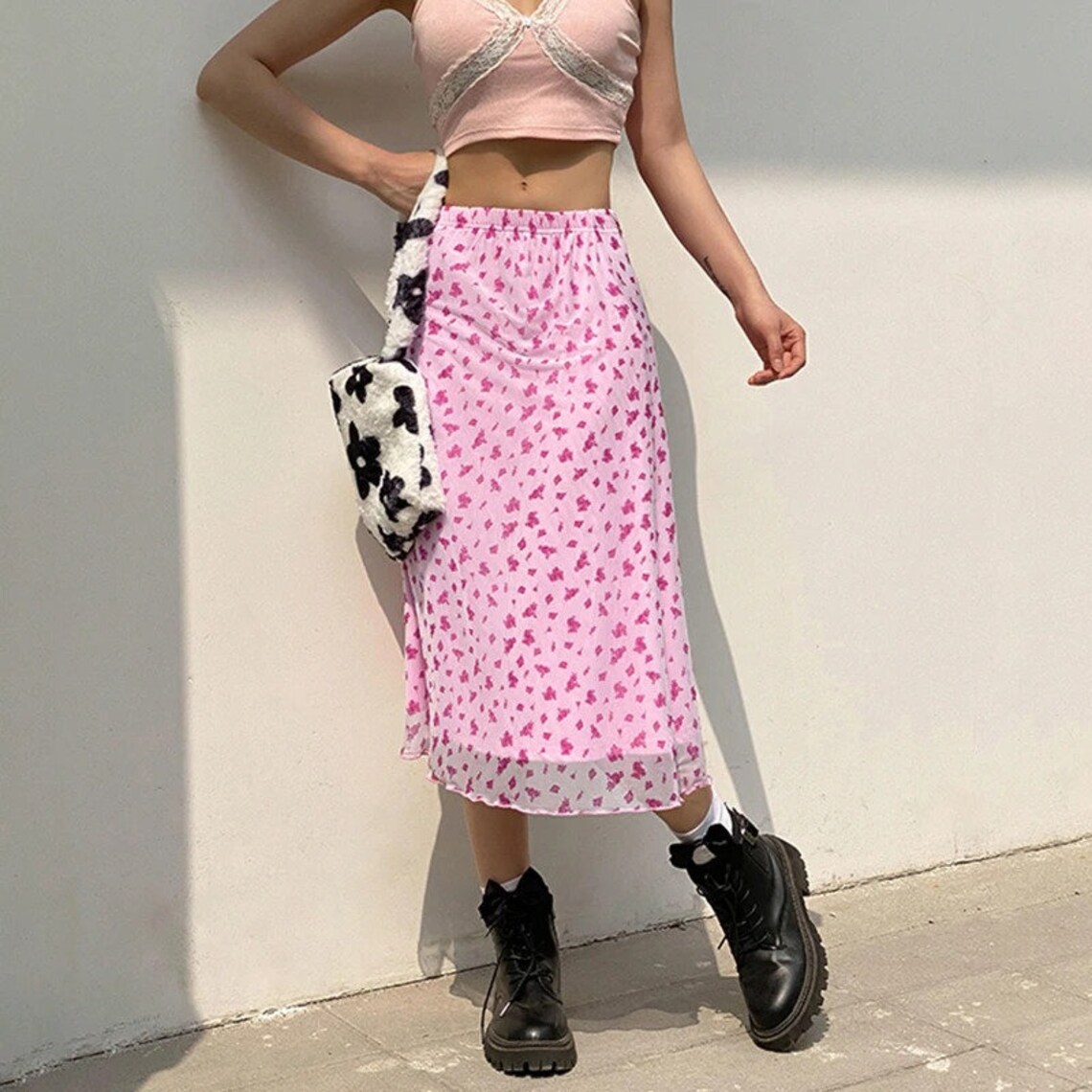 Y2K Aesthetic Low Waist Pink Cute Summer Midi Skirts Heart Etsy