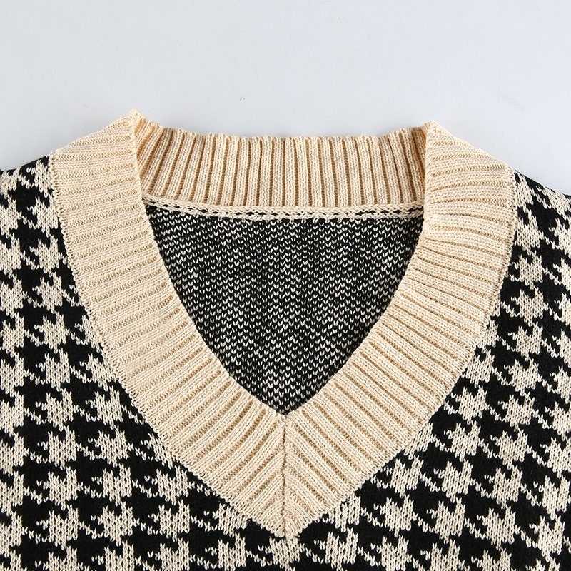 Y2K Houndstooth Knit Oversized Sweater Vest Female England | Etsy