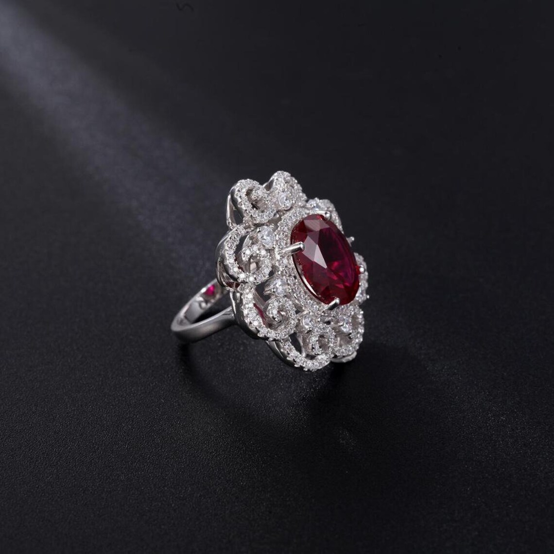 Lab Created Ruby Ring With Sterling Silver Vintage Gemstone Etsy