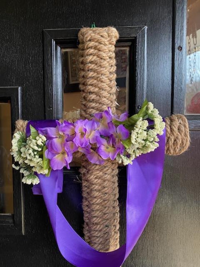 Cross shaped wreath wrapped with braided rope and draped with purple ribbon image 3