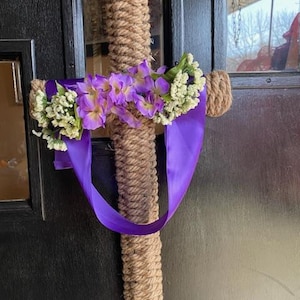 Cross shaped wreath wrapped with braided rope and draped with purple ribbon image 4