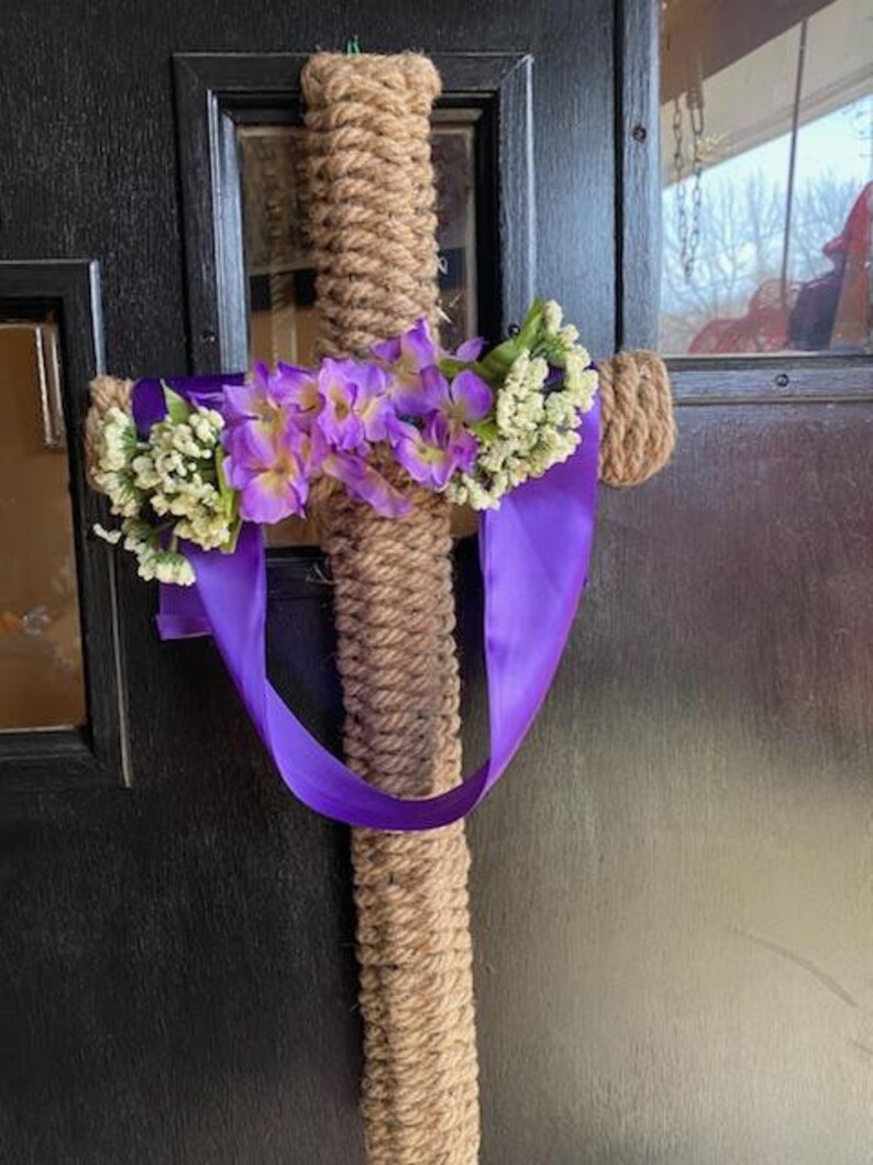 Cross shaped wreath wrapped with braided rope and draped with purple ribbon image 4