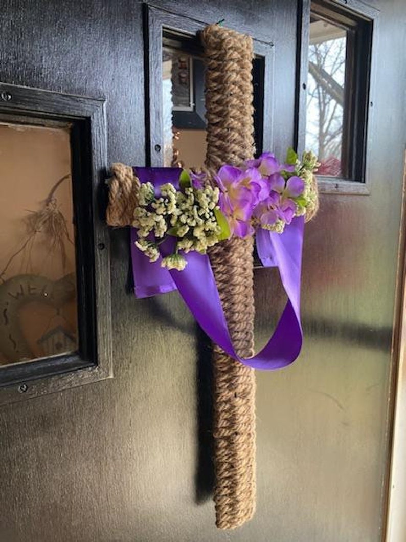 Cross shaped wreath wrapped with braided rope and draped with purple ribbon image 2