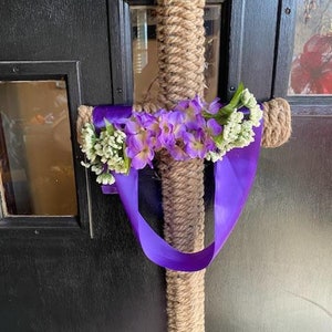 Cross shaped wreath wrapped with braided rope and draped with purple ribbon image 1