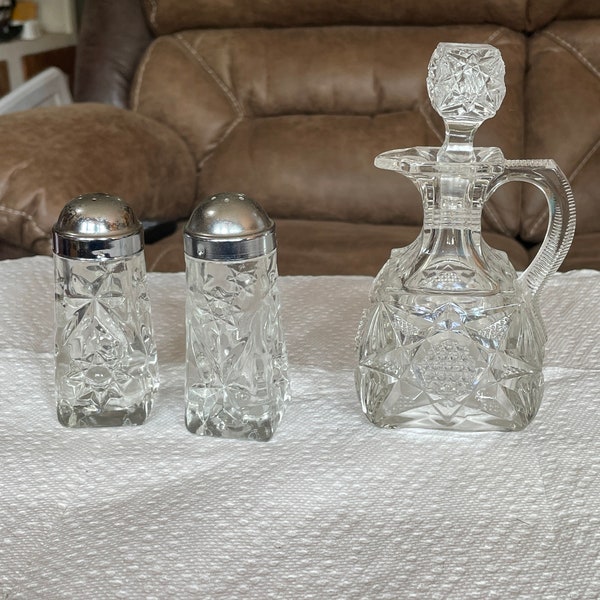 Vintage cut crystal cruet bottle with stopper and cut glass Anchor Hocking salt and pepper shakers