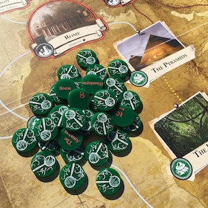 Eldritch Horror Clue Tokens, jogo original e expansões, dupla face, feito em leque, verde opaco