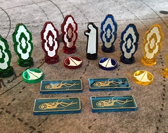 Unofficial Dune Imperium  Compatible Rise of IX Expansion: Mentat, Freighter, Dreadnaught, and Snooper Tokens. Fan Made.