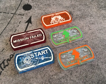 Unofficial ISS Vanguard Penalty, Mission Failed, Start, 1/2 Action Tokens, Double Sided, Fan Made. Set of 4.
