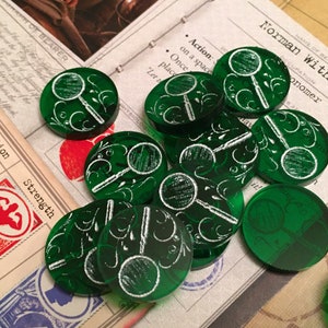 Arkham Horror 3rd Edition Clue Tokens, Single Sided, Fan Made, Transparent Green