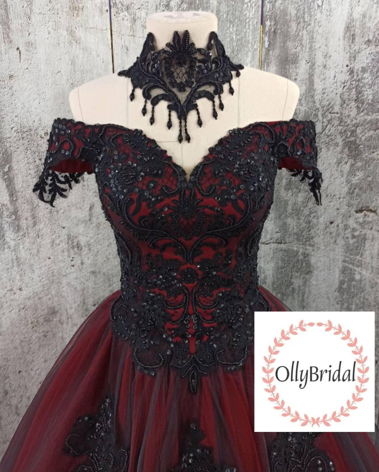 Black Gothic Wedding Dress, Black Red Bridal Dress, Off Shoulder Black Corset Wedding Dress, Elegant Wedding Dress, Red Bridal Gown