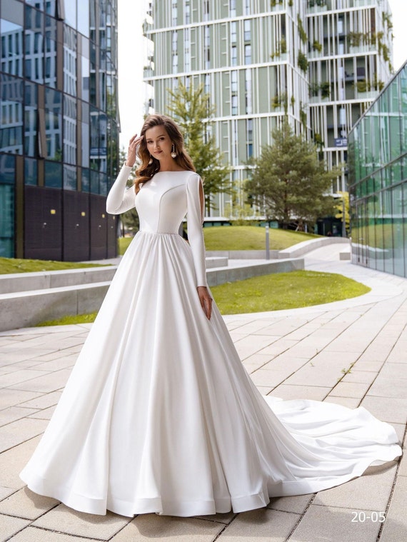 Satin Long Sleeves Wedding Dress Elegant Dress Romantic - Etsy