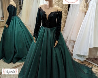 Abito da sposa verde, abito in tulle e pizzo, abito semplice, abito in pizzo nero, abito da sposa verde, abito da festa femminile