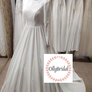 Vestido de novia de satén con mangas largas, vestido elegante, vestido de novia romántico, vestido de novia de corte A, vestido de satén, vestido de novia bohemio sencillo.