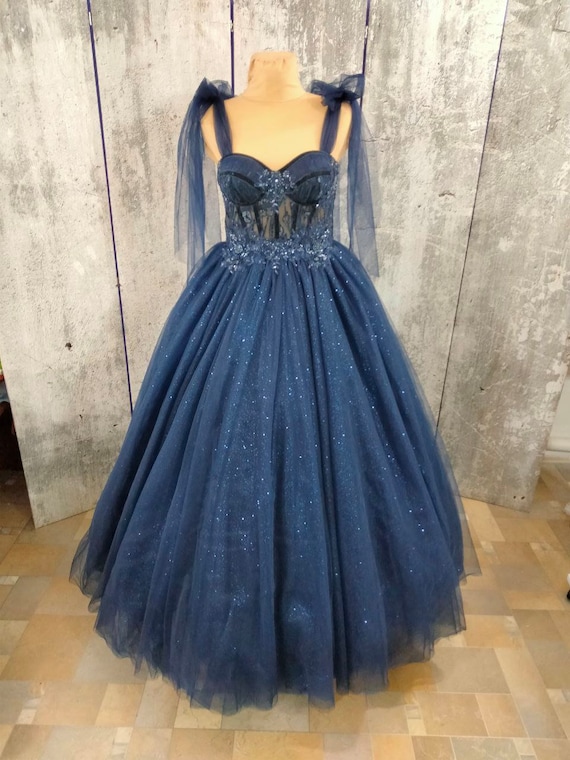 Tulle Dark Blue Party Dress, Prom Evening Dress, off Shoulder Gown, Prom  Dress, A-line Party Dress, Maxi Corset Dress, Elegant Evening Dress