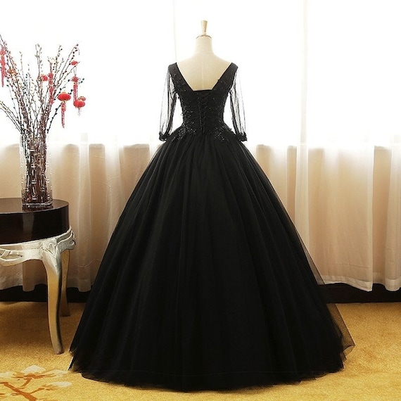 3D Flowers Appliques Short Sleeves A-line Skirt Black Nude Christmas F –  Sparkly Gowns