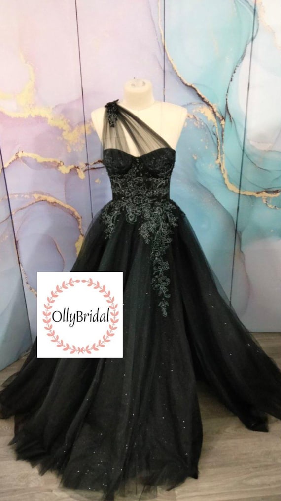 black tulle evening dress Andrea & Leo Couture A1017 Long Layered Prom Dress Pleated Ruffled Ballgown Lace Corset Formal Gown
