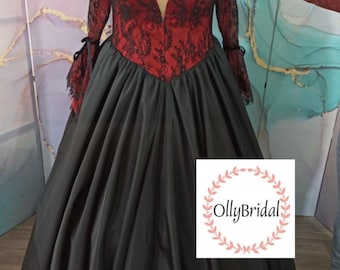 Gothic Bridal Dress, Black Satin Wedding Dress, Black Lace Wedding Dress, Red Wedding Simple Dress, Halloween Black Wedding Dress