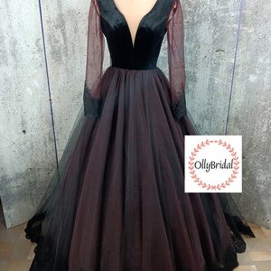 Vestido de novia gótico negro, vestido de novia negro de manga larga, vestido de novia gótico, vestido de novia negro