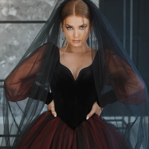 Gothic Black Wedding Dress, Long Sleeve Elegant Wedding Dress, Gothic Dress, Long Train Black Dress