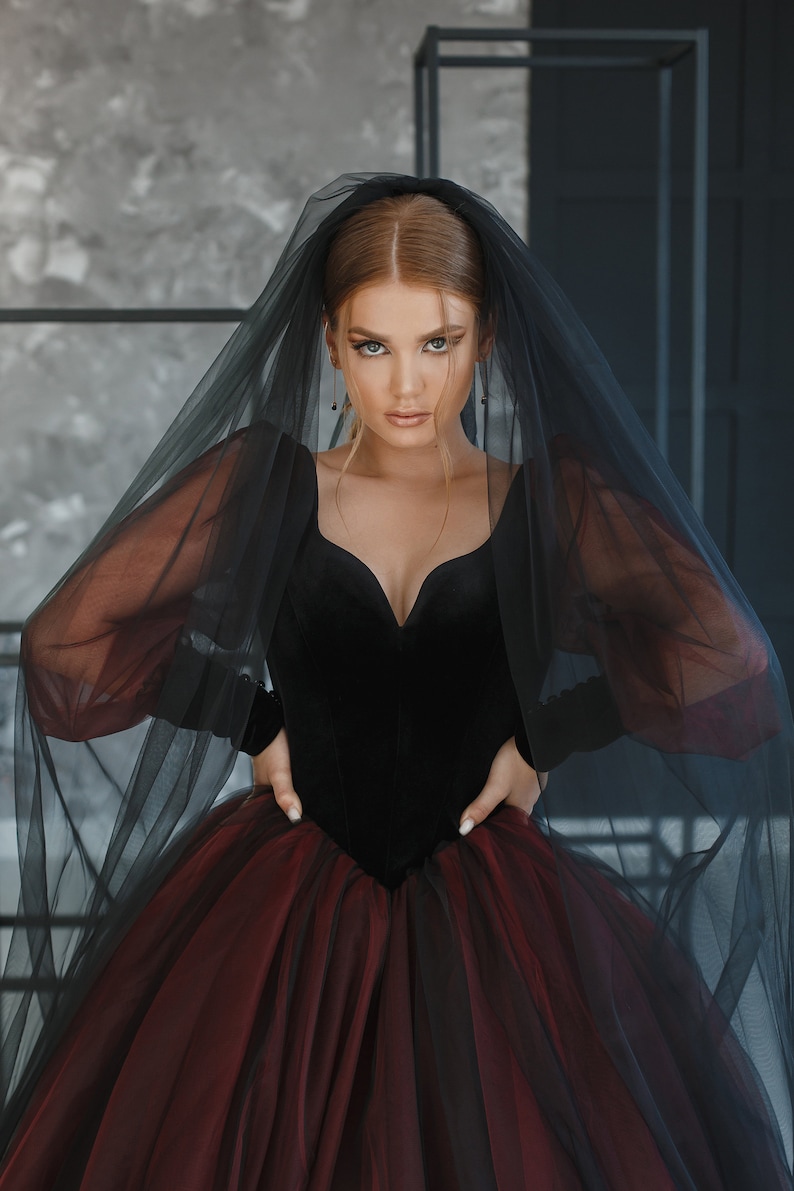 Gothic Black Wedding Dress,Halloween Black Wedding Dress, Long Sleeve Elegant Wedding Dress, Gothic Dress, Long Train Black Dress image 8