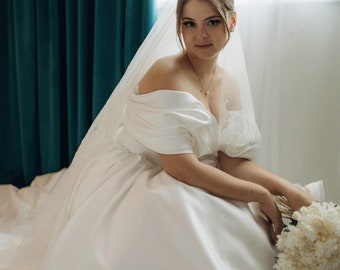 Off shoulder Bridal Satin Dress, Satin Bridal Gown, Long Train Wedding Dress, Maxi Satin  Dress, A-Line Bridal Gown, Custom Wedding Gown