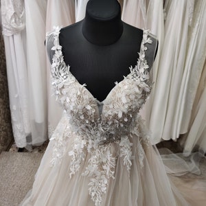 Elegant Wedding Dress, Romantic Bridal Dress, Long Train Wedding Dress, Boho Floral Lace Dress Deep V-neckline, Rustic Wedding Dress image 4