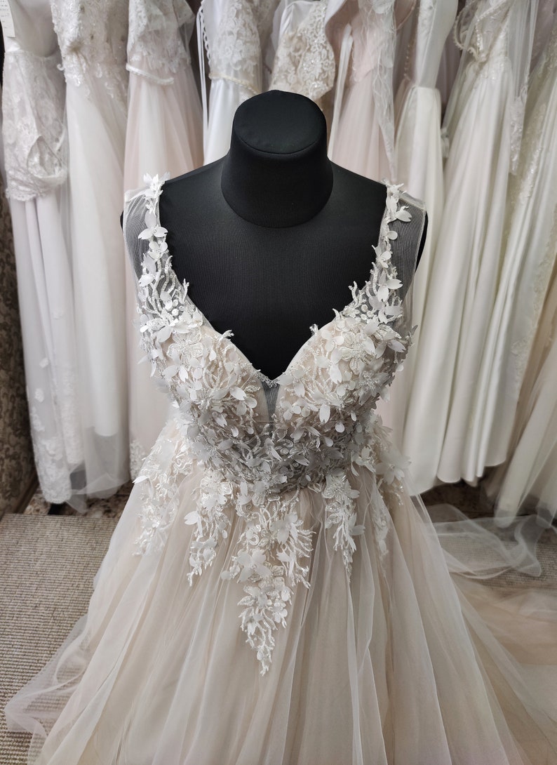 Elegant Wedding Dress, Romantic Bridal Dress, Long Train Wedding Dress, Boho Floral Lace Dress Deep V-neckline, Rustic Wedding Dress image 4