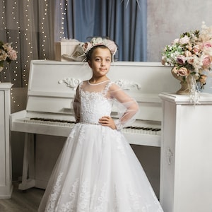 Lace Tulle Flower Girl Dress, Wedding Party Holiday Bridesmaid Birthday Flower Girl Dress, Lace Dress