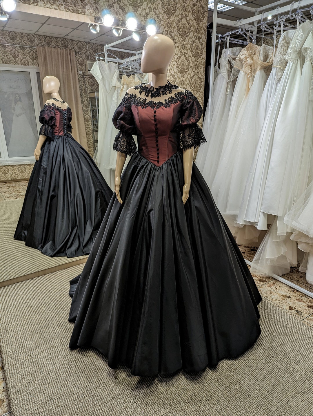 Gothic Black Wedding Dress, Long Sleeve Elegant Wedding Dress, Gothic ...