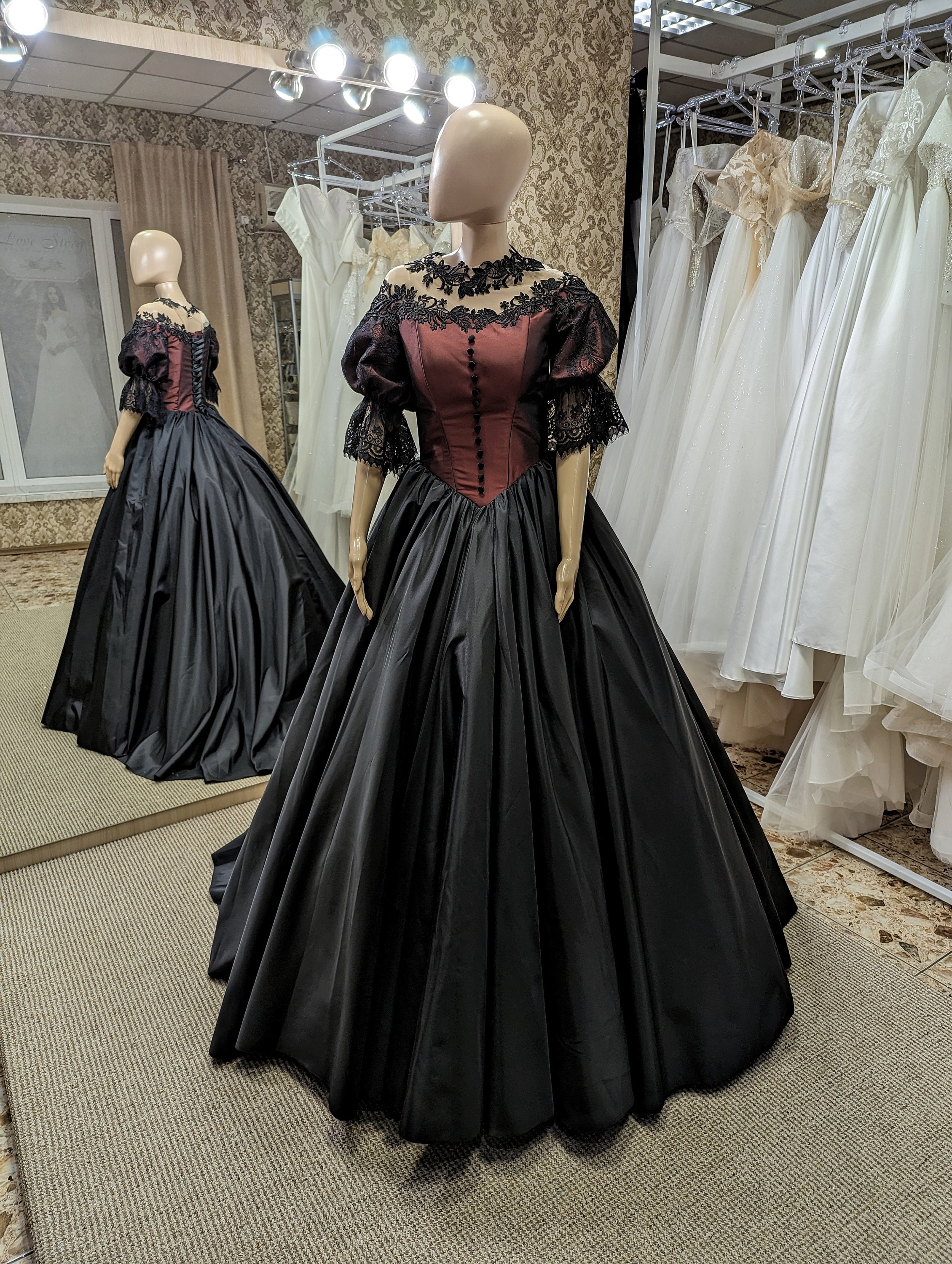 Gothic Black Wedding Dress, Long Sleeve Elegant Wedding Dress, Gothic ...