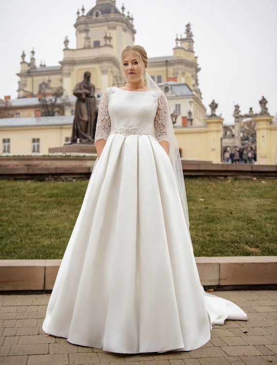 Lace Illusion Back Chiffon Tea Length Wedding Gown | David's Bridal