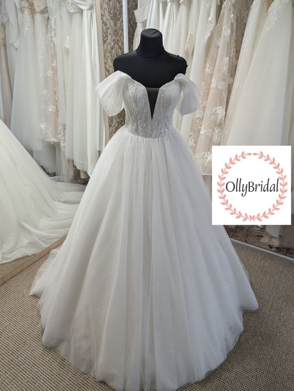 Off Shoulder Wedding Dress, Lace Wedding Dress, A-Line Bridal Gown, Sparkly Wedding Dress, Long Train Wedding Dress