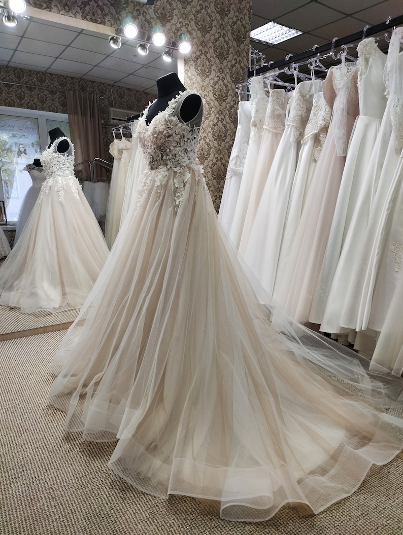 Elegant Wedding Dress, Romantic Bridal Dress, Long Train Wedding Dress, Boho Floral Lace Dress Deep V-neckline, Rustic Wedding Dress image 2
