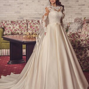 Elegant Wedding Dress, Bridal Gown, Fit And Flare Dress, Romantic Bridal Dress,Elegant Long Sleeves Dress,Satin Minimalism Dress