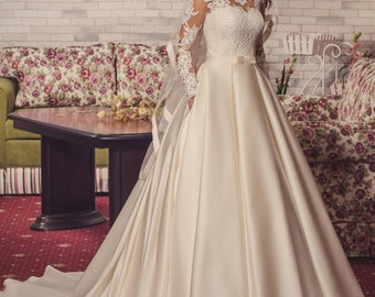 Elegant Wedding Dress, Bridal Gown, Fit And Flare Dress, Romantic Bridal Dress,Elegant Long Sleeves Dress,Satin Minimalism Dress