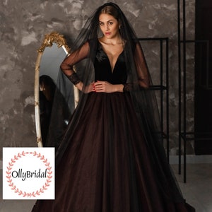 Black Gothic Wedding Dress, Halloween Wedding Dress, Long Sleeve Black Wedding Dress, Gothic Dress, Lace Black Bridal Gown