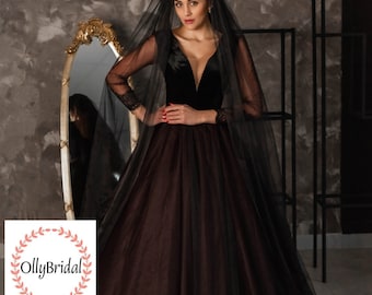 Vestido de novia gótico negro, vestido de novia de Halloween, vestido de novia negro de manga larga, vestido gótico, vestido de novia negro de encaje