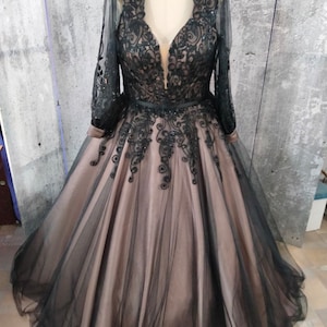 Vestido de novia negro, vestido de encaje de tul, vestido de novia sencillo, vestido de novia hecho a medida, vestidos de novia de manga larga